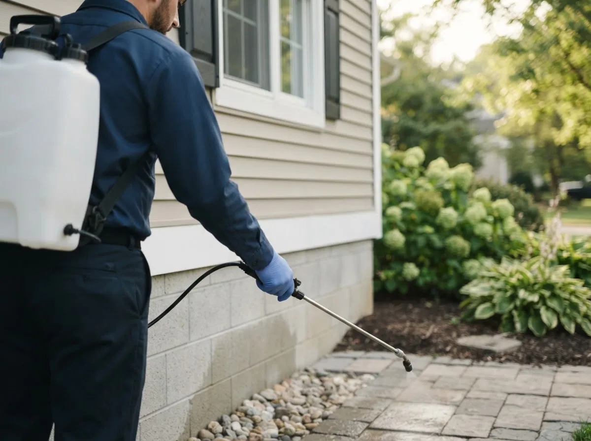 Pest control technician inspecting a home in Cubero, NM